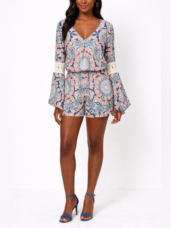 My Michelle Pants - My Michelle SZ S Blue/orange boho bell sleeve romper w/lace accents/bust 36”